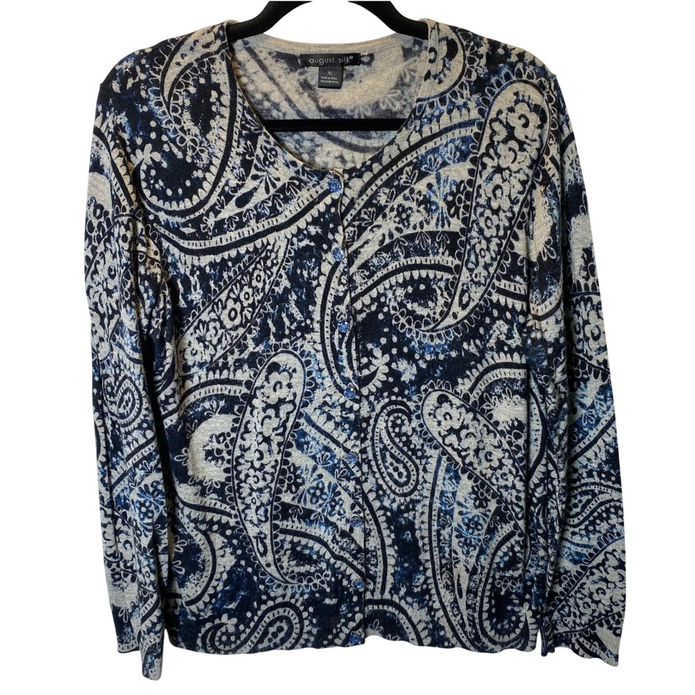August Silk Paisley Cardigan Women XL Blue Silk Blend Business Casual Preppy